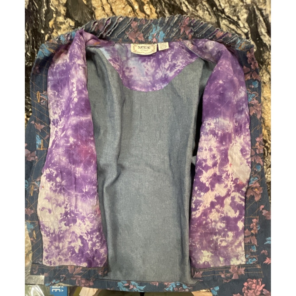 VTG Jean Jacket Painted Flowers Floral Shredded Denim Tantrums Women's XL - Picture 14 of 14
